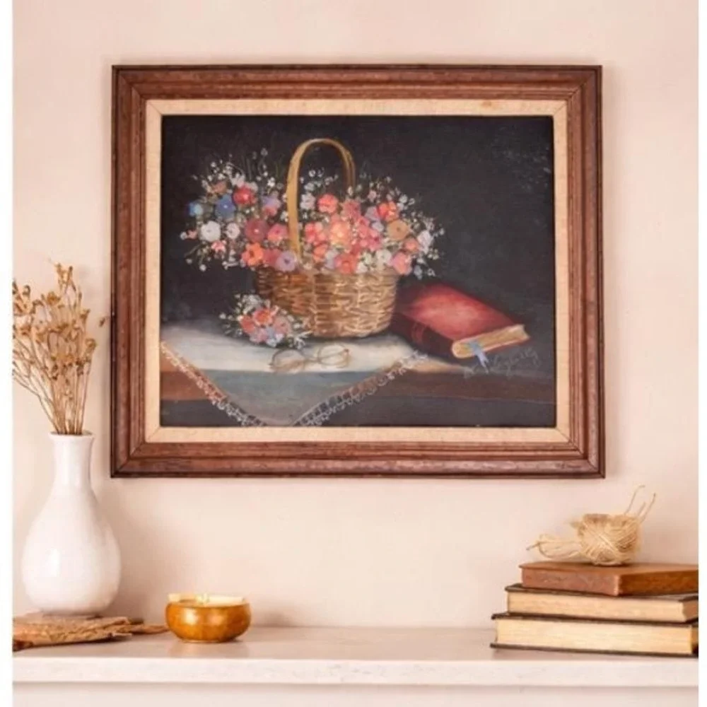 Vintage Still Life Oil Painting Floral Basket Home Decor 16x20 Cottage Dainty